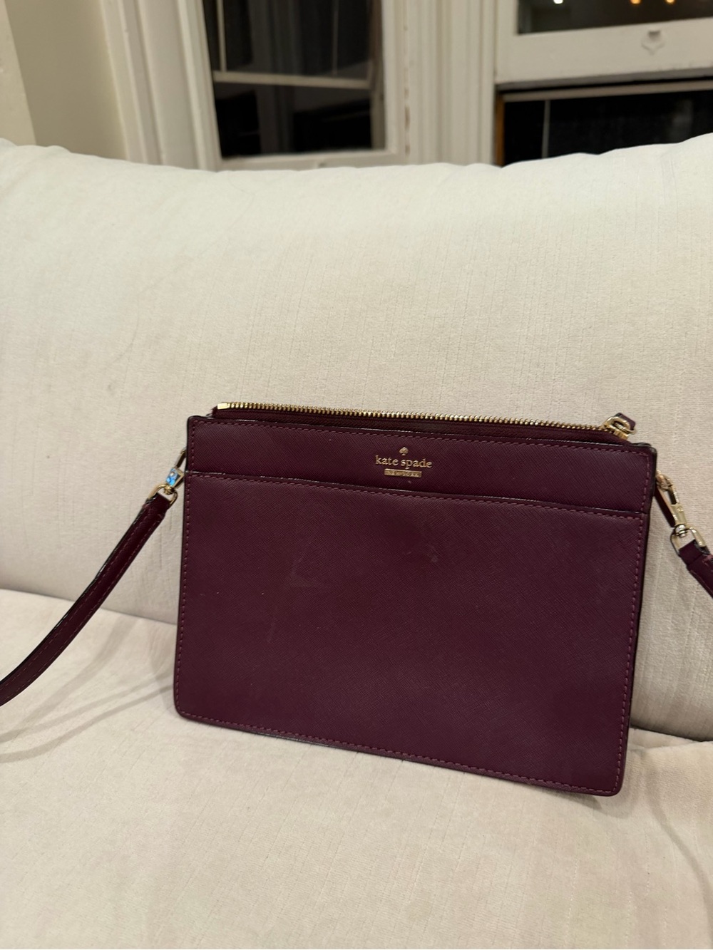kate spade burgundy leather crossbody with gold hardware
